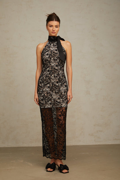 Coralie black floral-lace halterneck maxi dress