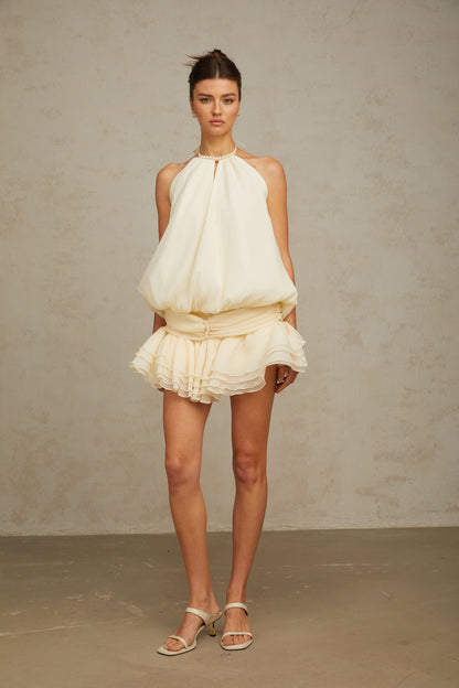Bérénice white halterneck faux-pearl mini dress