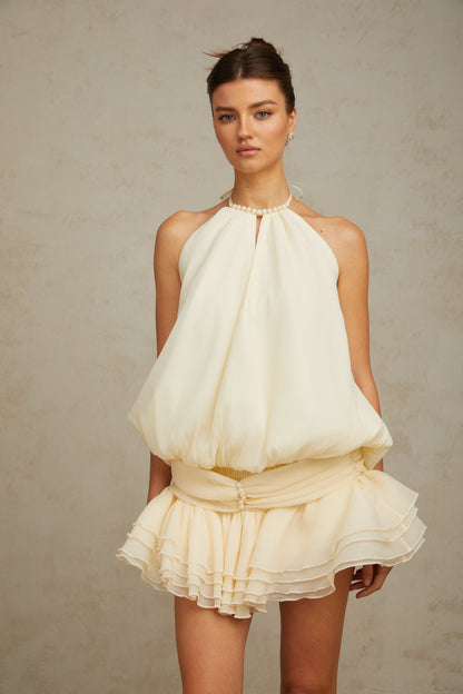 Bérénice white halterneck faux-pearl mini dress