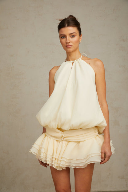 Bérénice white halterneck faux-pearl mini dress