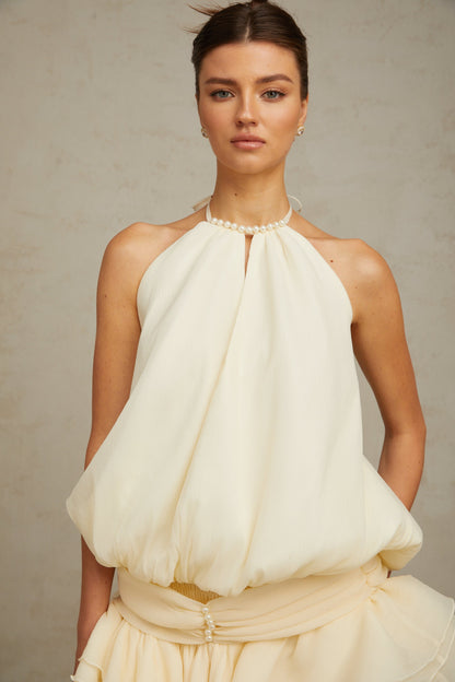 Bérénice white halterneck faux-pearl mini dress