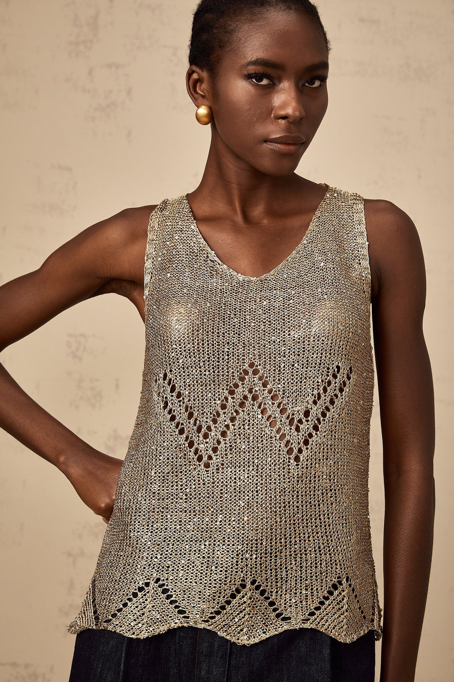 Cyrine gold sequined crochet vest top