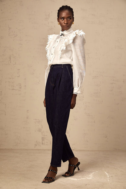 Capucine white lace-trim semi-sheer shirt