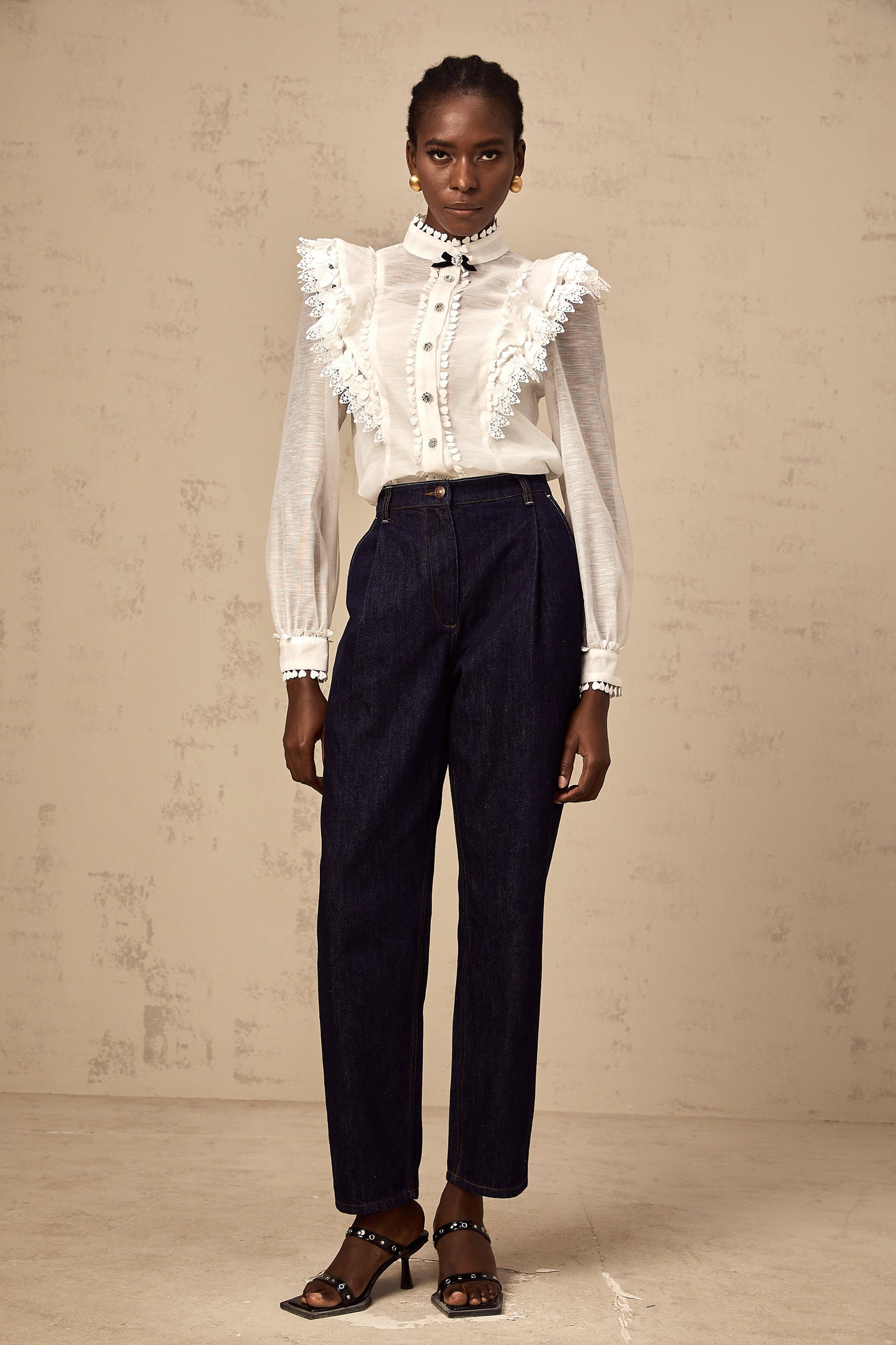Capucine white lace-trim semi-sheer shirt