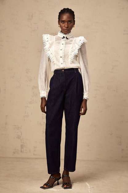 Capucine white lace-trim semi-sheer shirt