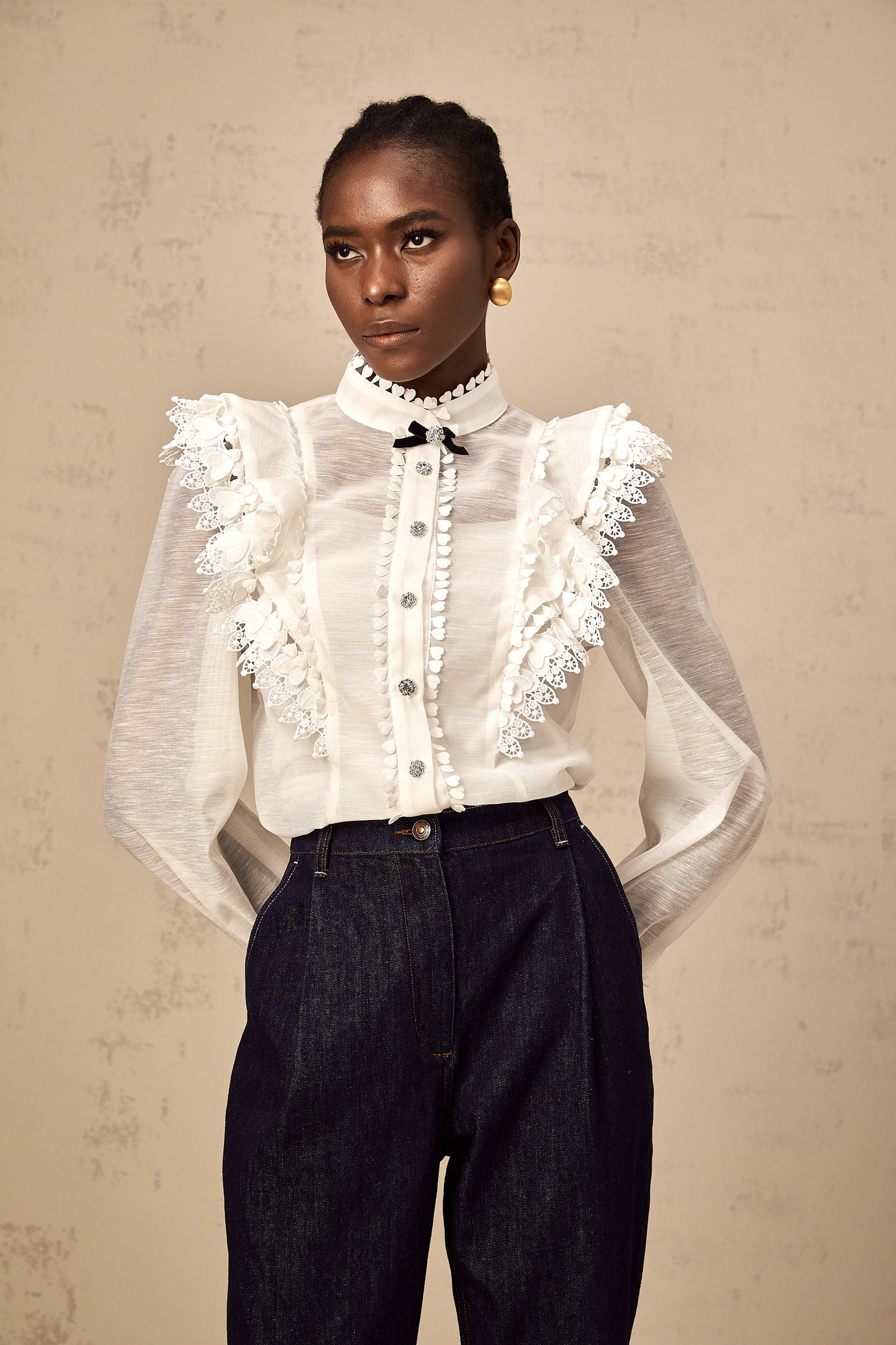 Capucine white lace-trim semi-sheer shirt