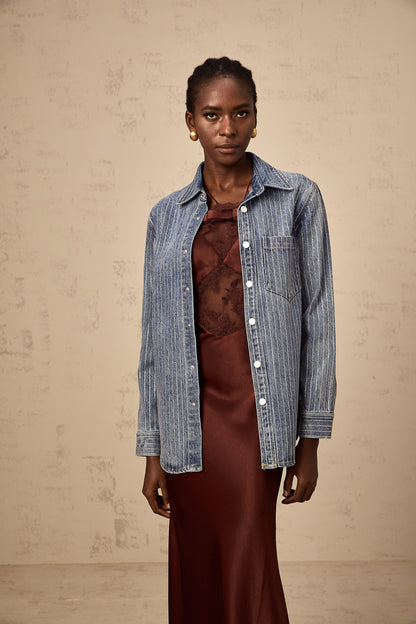Joséphine blue embellished vertical-stripe denim shirt