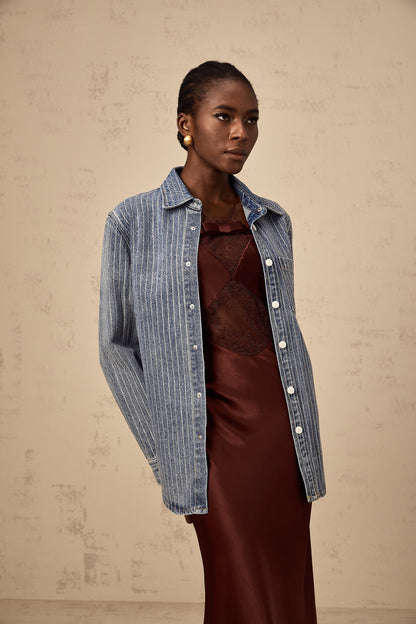Joséphine blue embellished vertical-stripe denim shirt