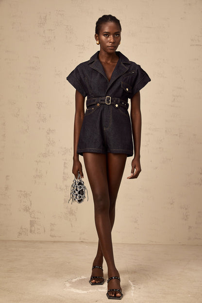 Chloé blue denim belted playsuit