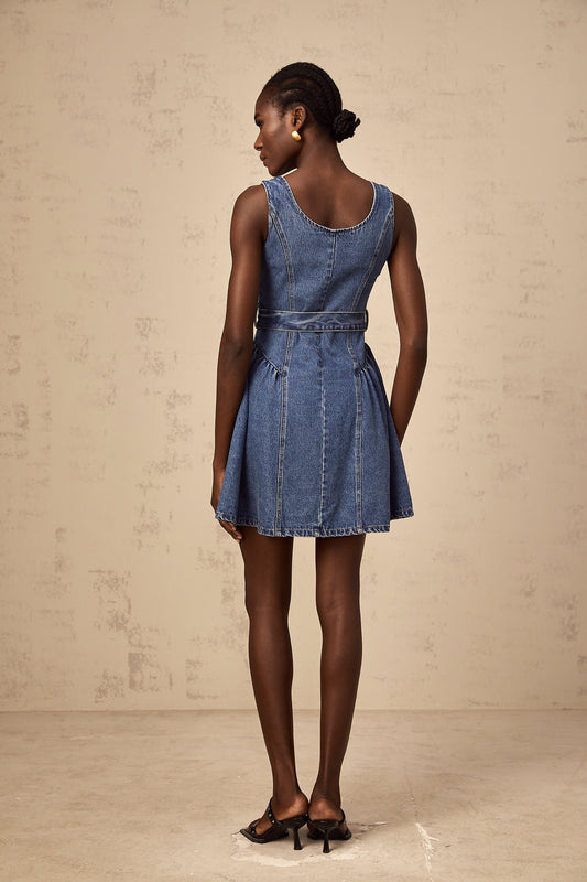 Vérane blue belted denim mini dress