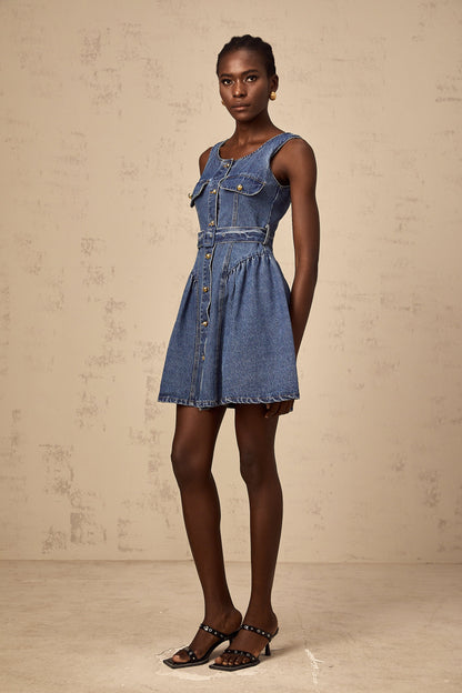 Vérane blue belted denim mini dress