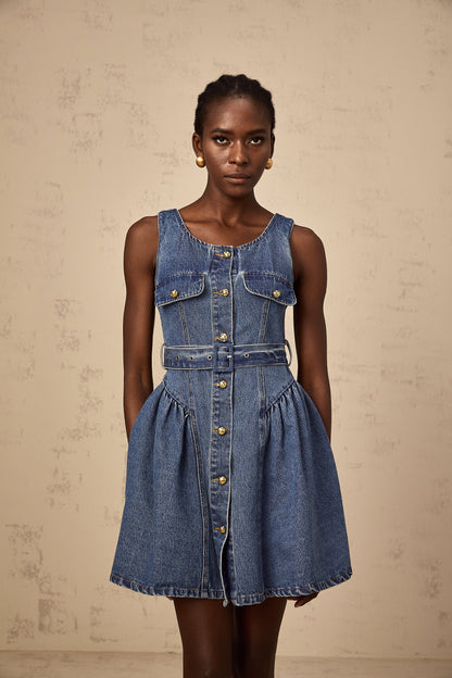 Vérane blue belted denim mini dress