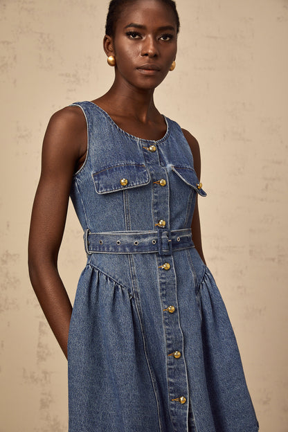 Vérane blue belted denim mini dress