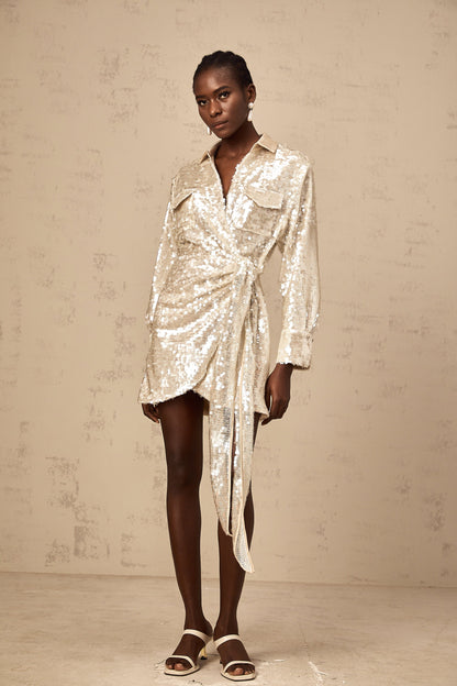 Aurore wrap-design sequined mini shirt dress
