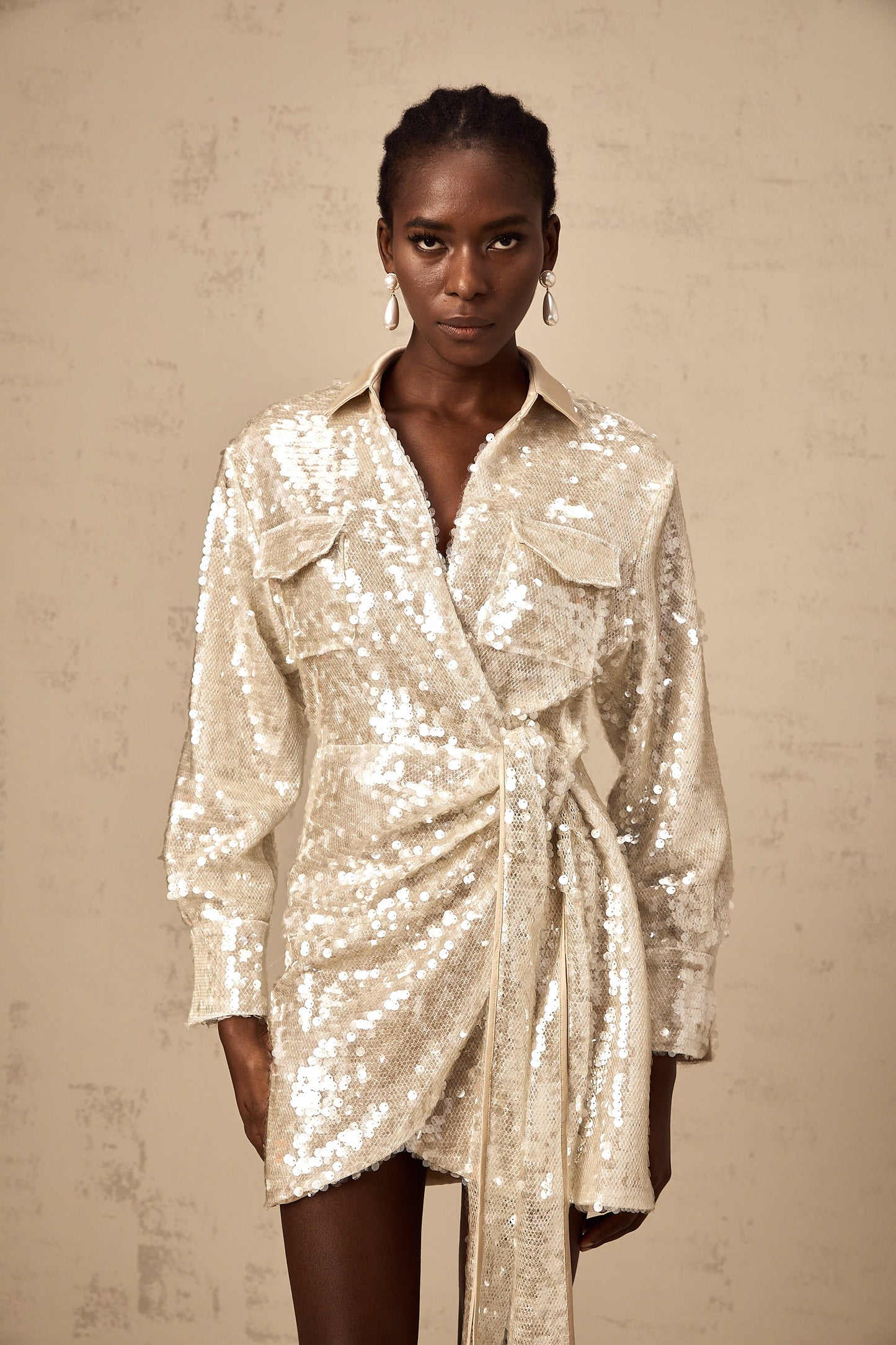 Aurore wrap-design sequined mini shirt dress