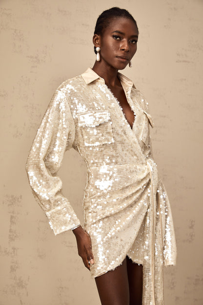 Aurore wrap-design sequined mini shirt dress