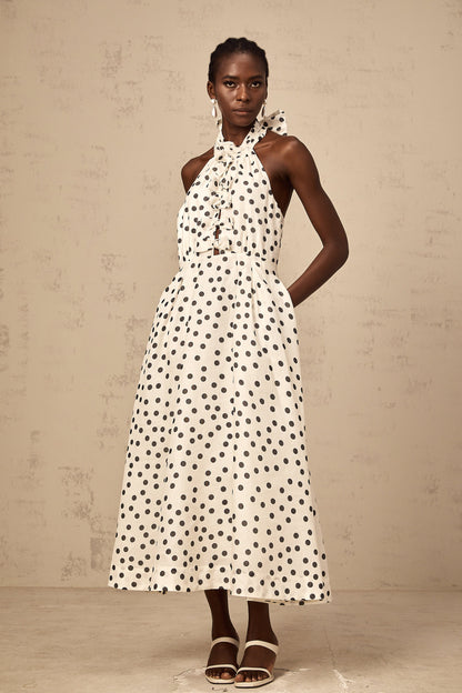Audrey white bowknot polka-dot midi dress