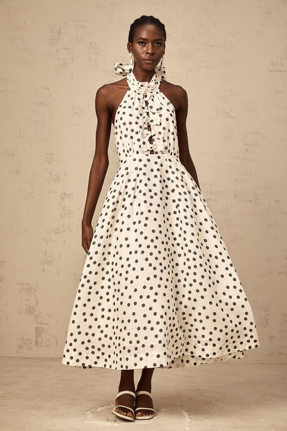Audrey white bowknot polka-dot midi dress