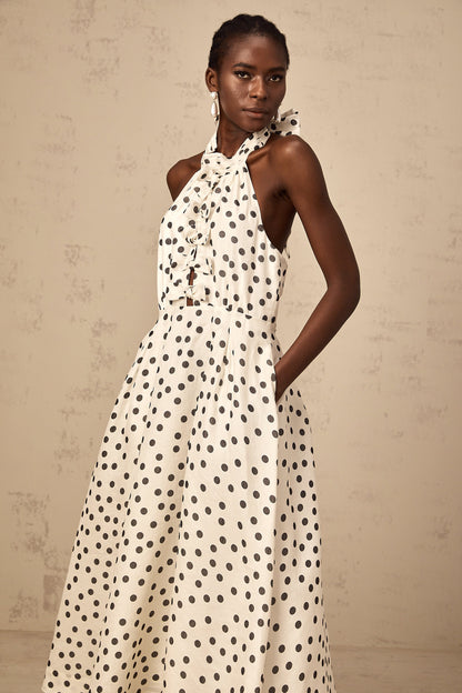 Audrey white bowknot polka-dot midi dress