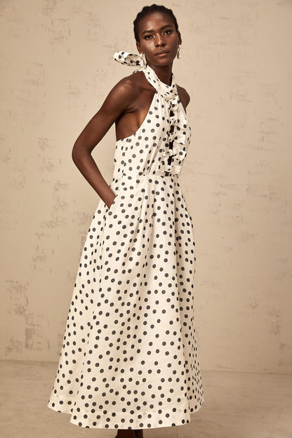 Audrey white bowknot polka-dot midi dress