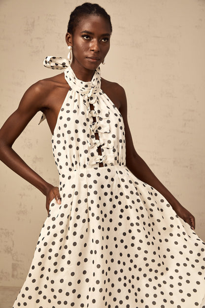 Audrey white bowknot polka-dot midi dress