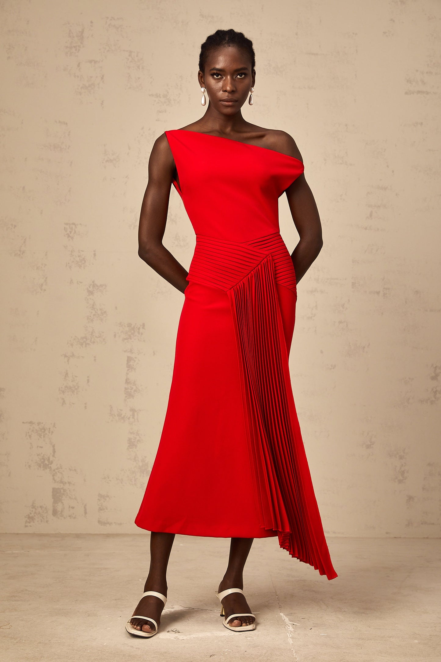 Laurine asymmetrical draped midi dress in Red