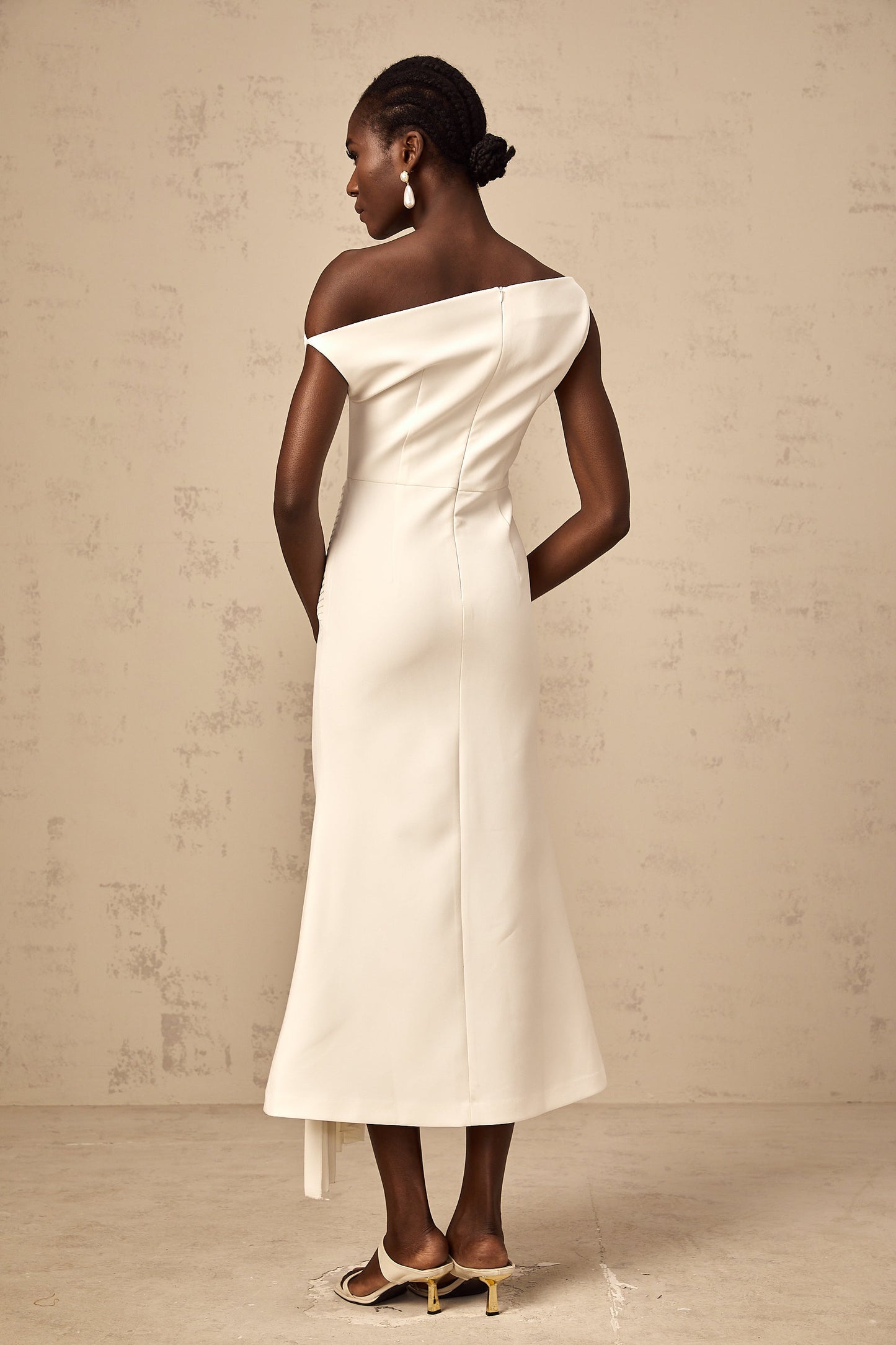 Laurine asymmetrical draped midi dress in White