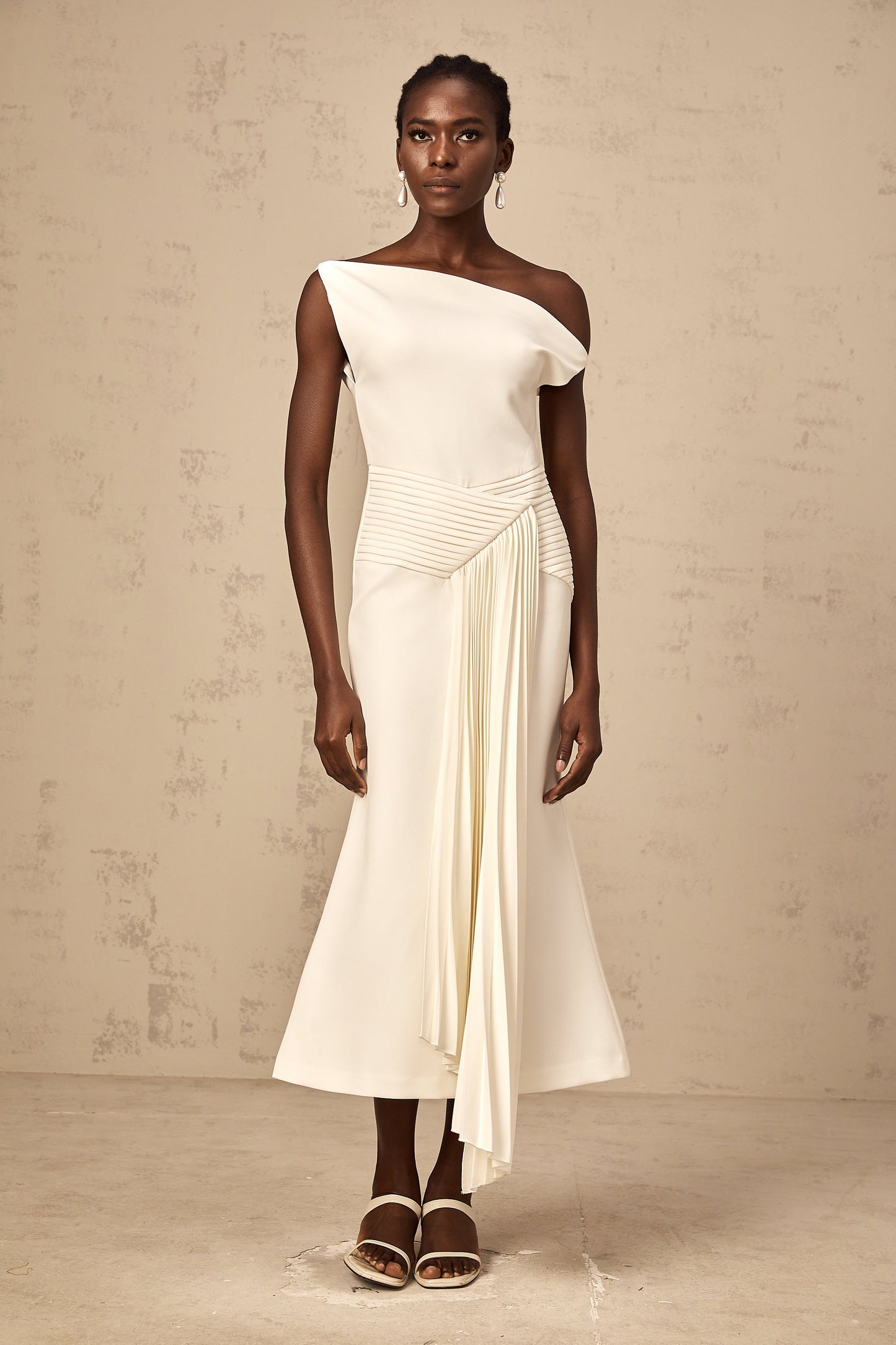 Laurine asymmetrical draped midi dress in White