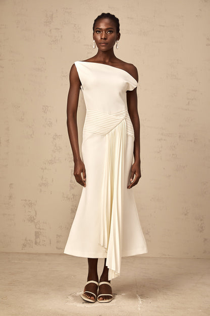 Laurine asymmetrical draped midi dress in White