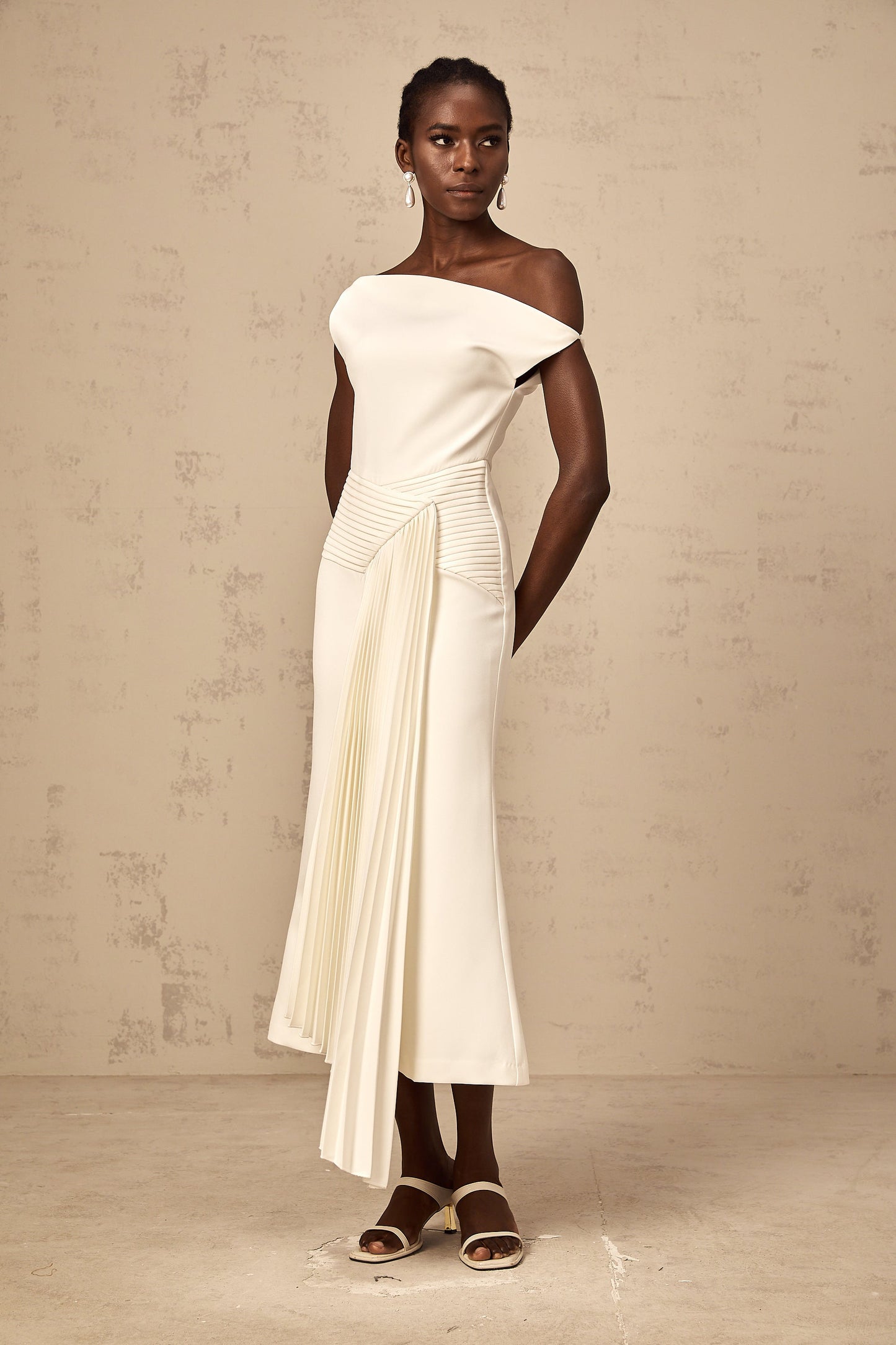 Laurine asymmetrical draped midi dress in White
