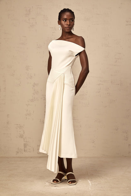 Laurine asymmetrical draped midi dress in White