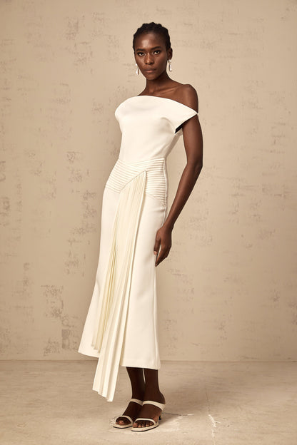 Laurine asymmetrical draped midi dress in White