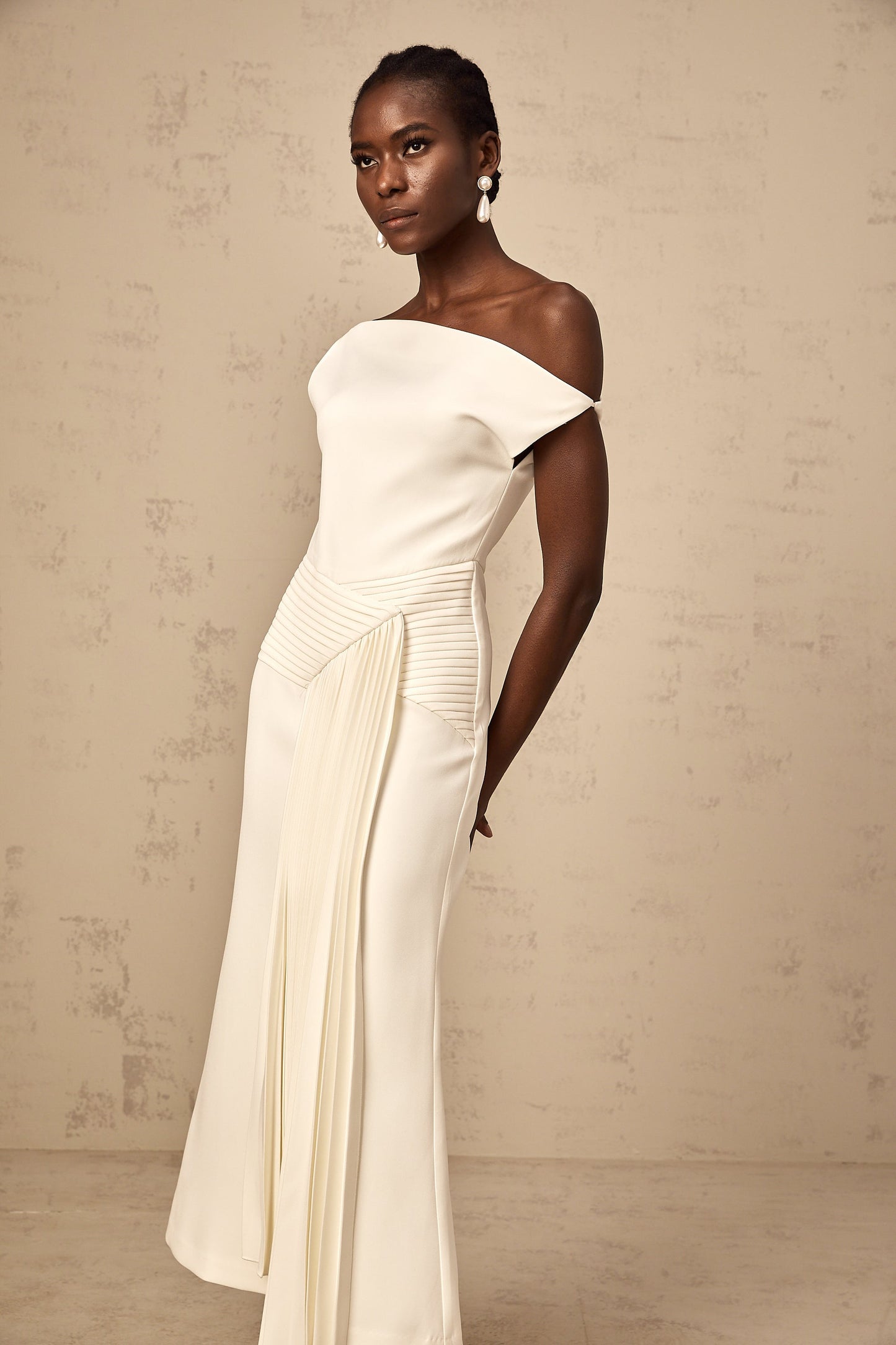 Laurine asymmetrical draped midi dress in White