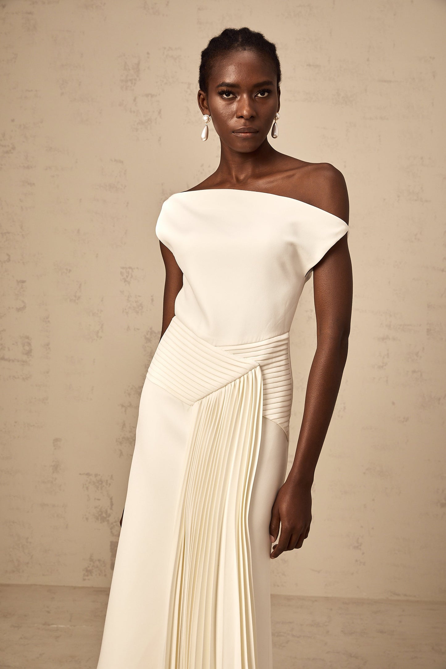 Laurine asymmetrical draped midi dress in White