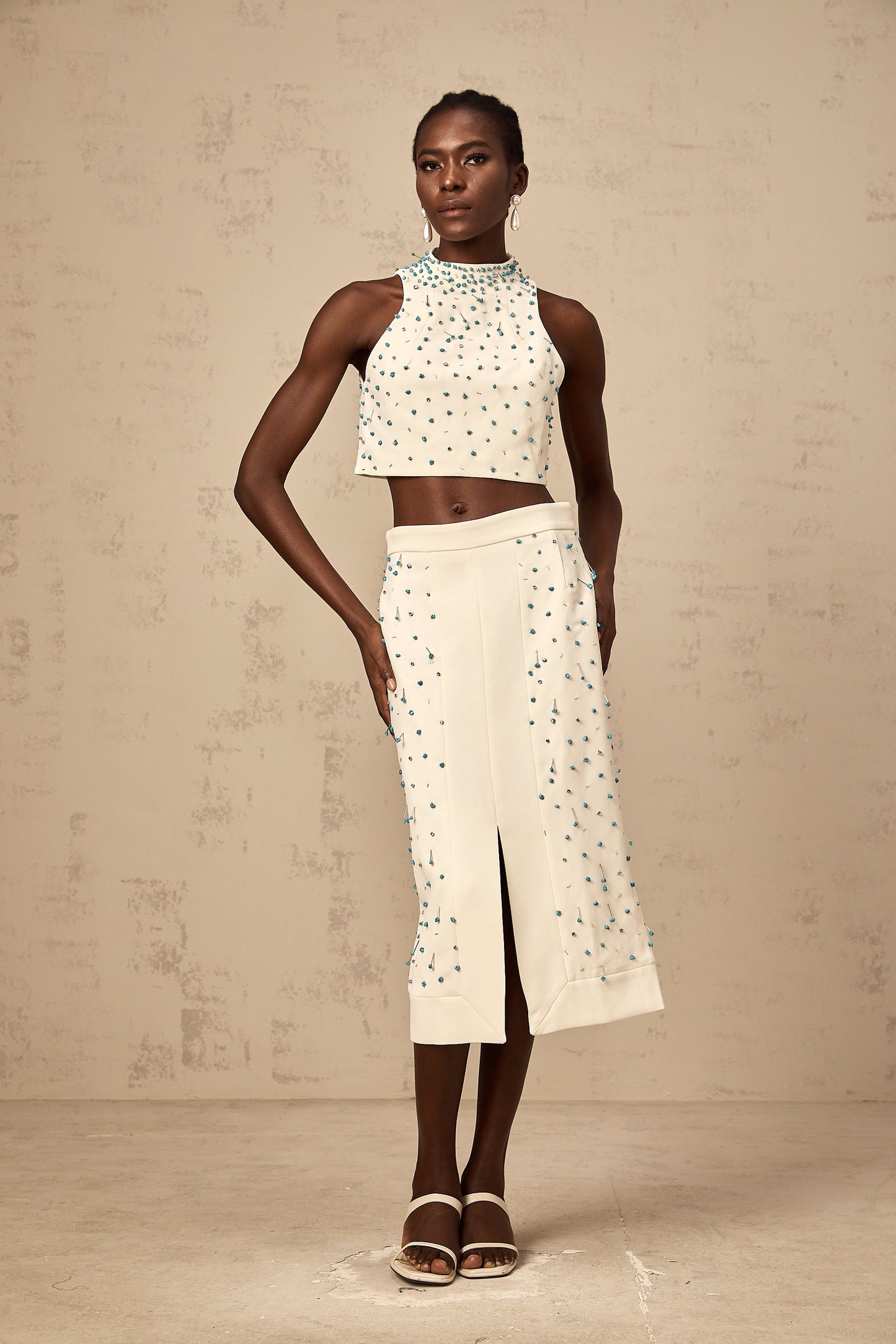 Clothilde off-white embellished top & skirt matching set