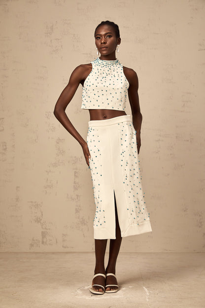 Clothilde off-white embellished top & skirt matching set