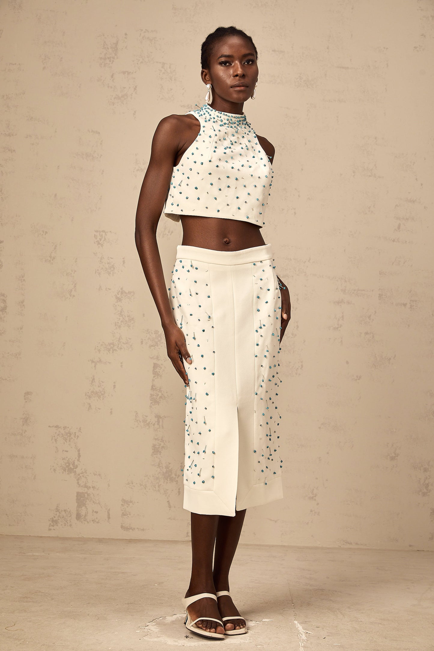 Clothilde off-white embellished top & skirt matching set