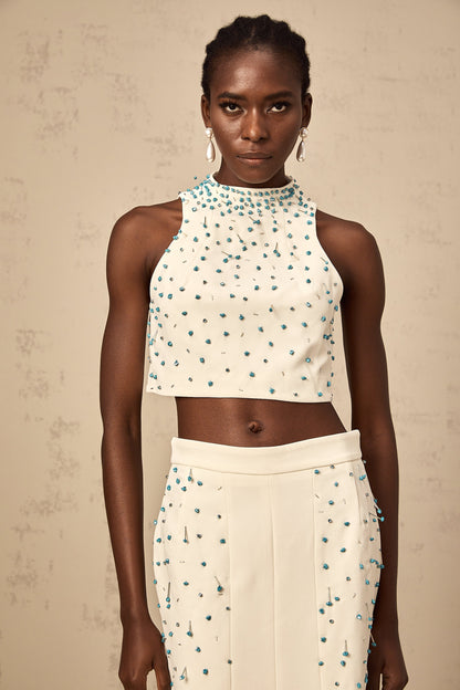Clothilde off-white embellished top & skirt matching set