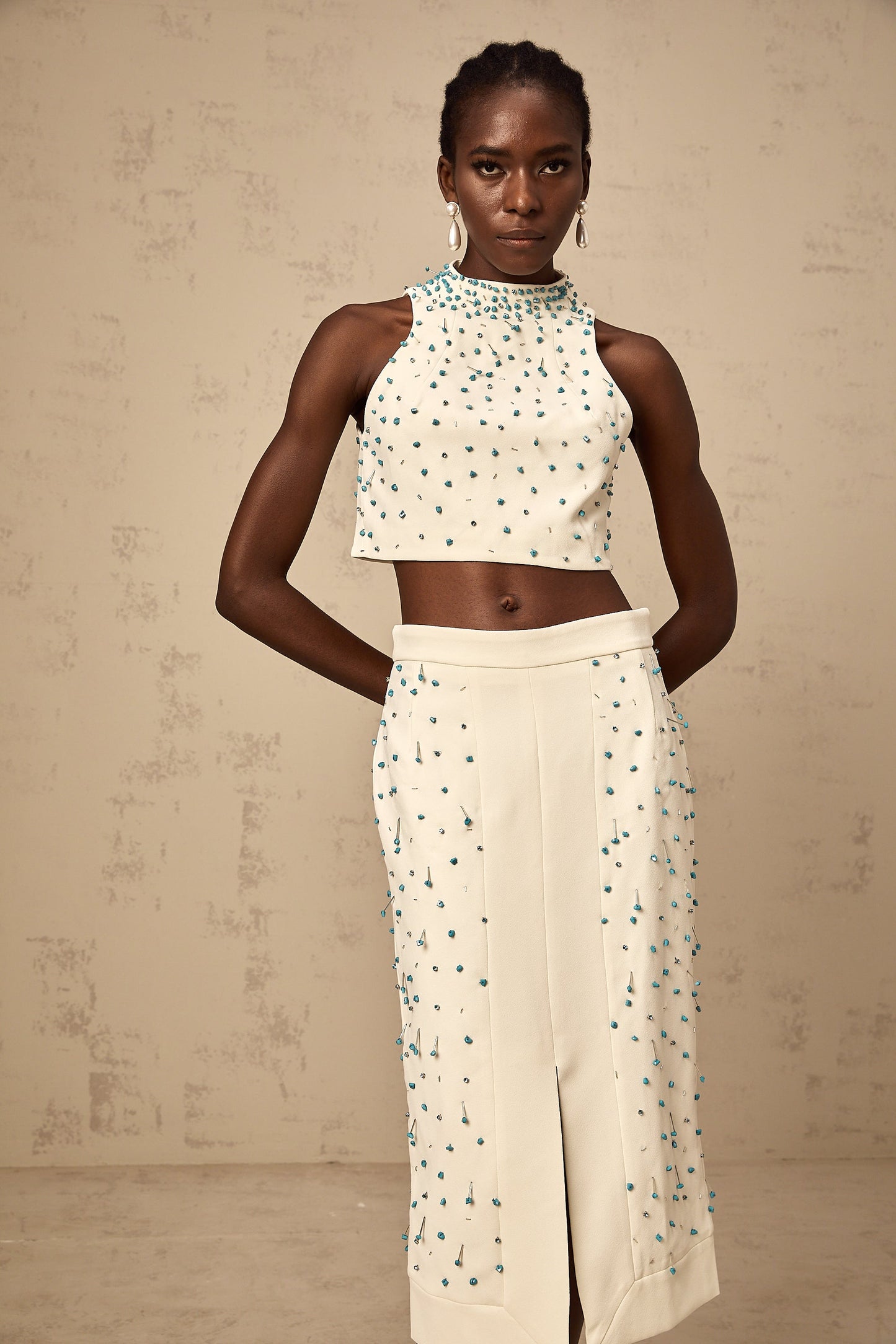Clothilde off-white embellished top & skirt matching set