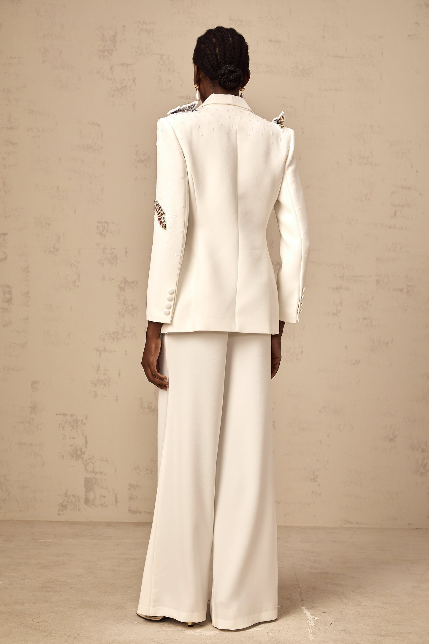 Céleste white butterfly-appliqué embellished blazer & trousers matching set