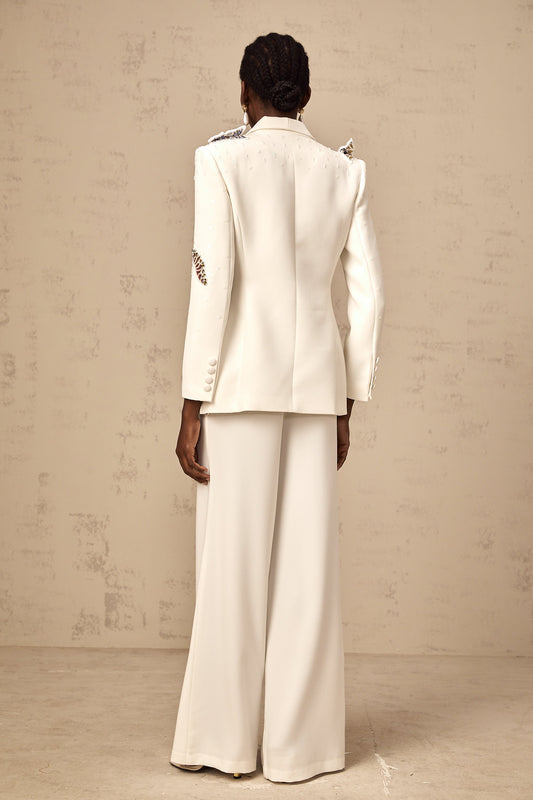 Céleste white butterfly-appliqué embellished blazer & trousers matching set