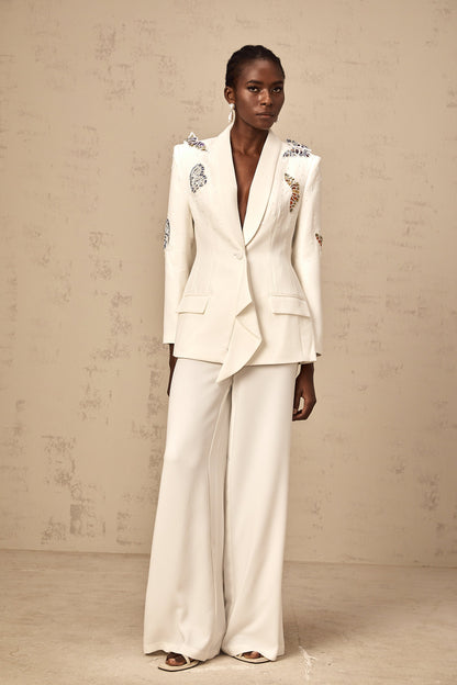 Céleste white butterfly-appliqué embellished blazer & trousers matching set