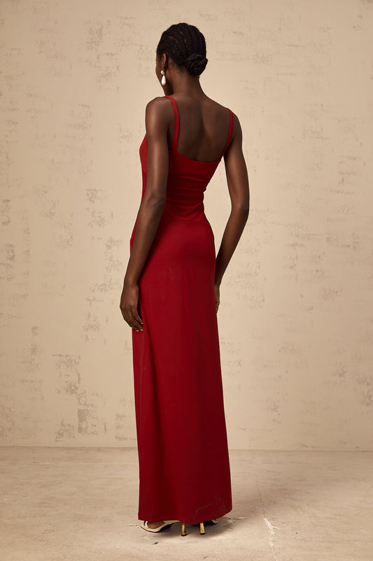 Céline red semi-sheer tulle-panel maxi dress