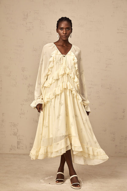 Oriane yellow floral-print ruffled chiffon midi dress
