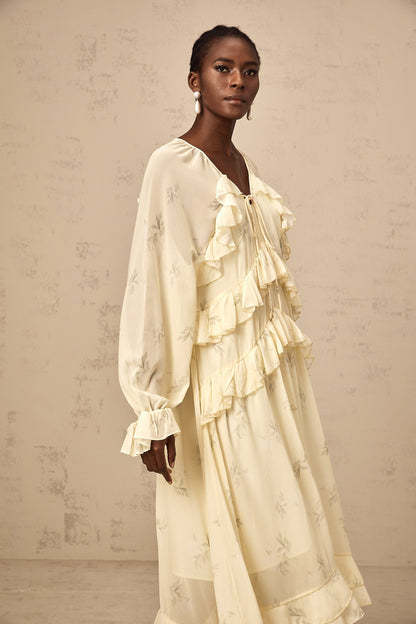 Oriane yellow floral-print ruffled chiffon midi dress