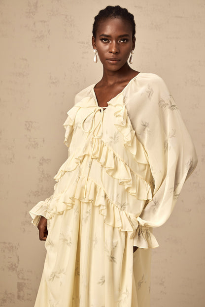 Oriane yellow floral-print ruffled chiffon midi dress