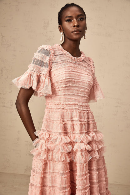 Aimée pink dot-detail ruffled tulle midi dress
