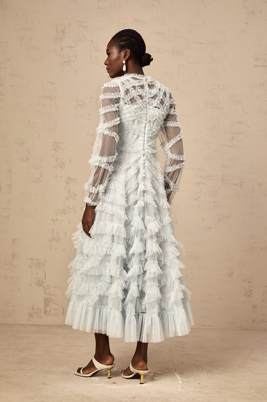 Adélaïde blue dot-detail ruffled midi dress