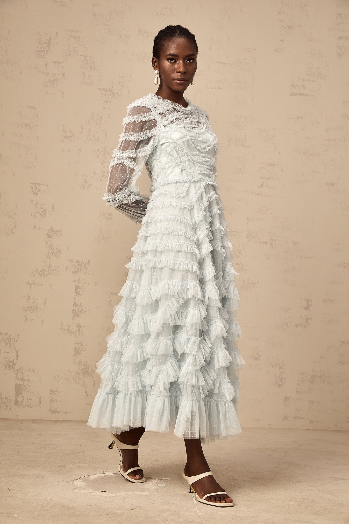 Adélaïde blue dot-detail ruffled midi dress