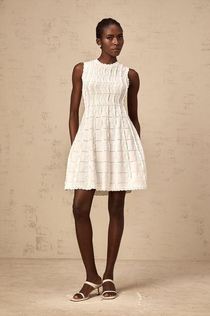 Esmée white ruffled sleeveless knit mini dress
